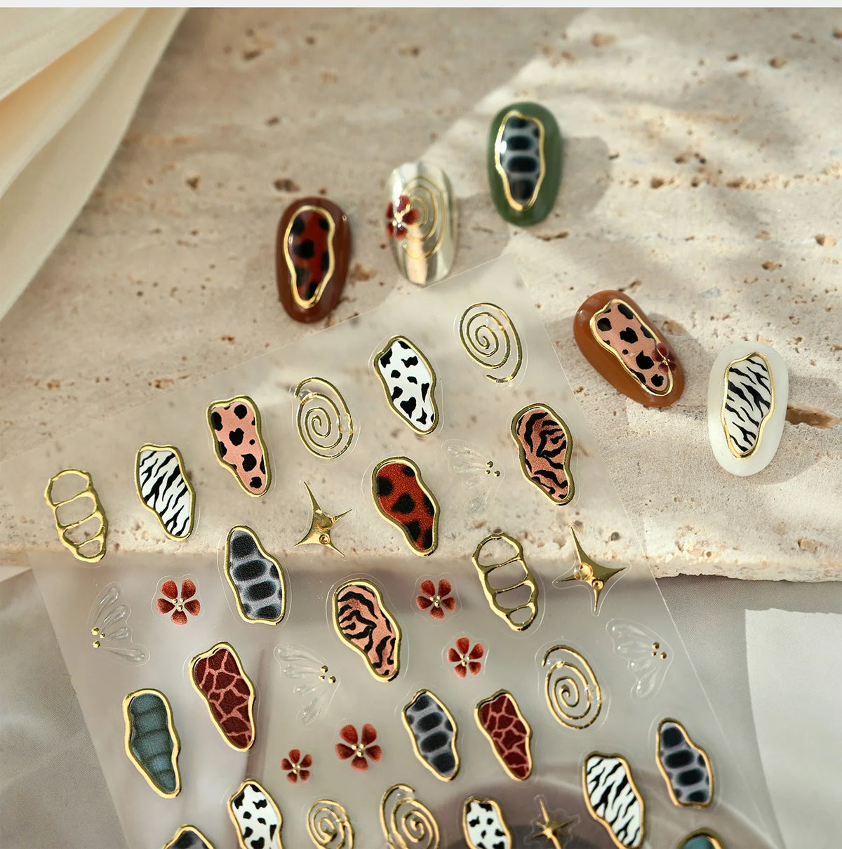 Retro 3D Animal Print Nail Stickers – Gold Leopard & Cow Decals
