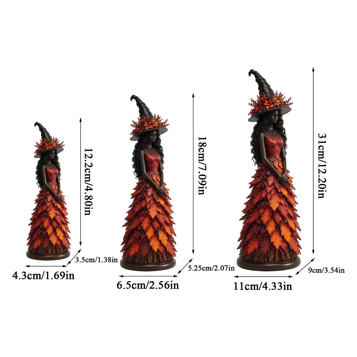 Autumn Witch Figurine Set – Fall Harvest Resin Statue Decor