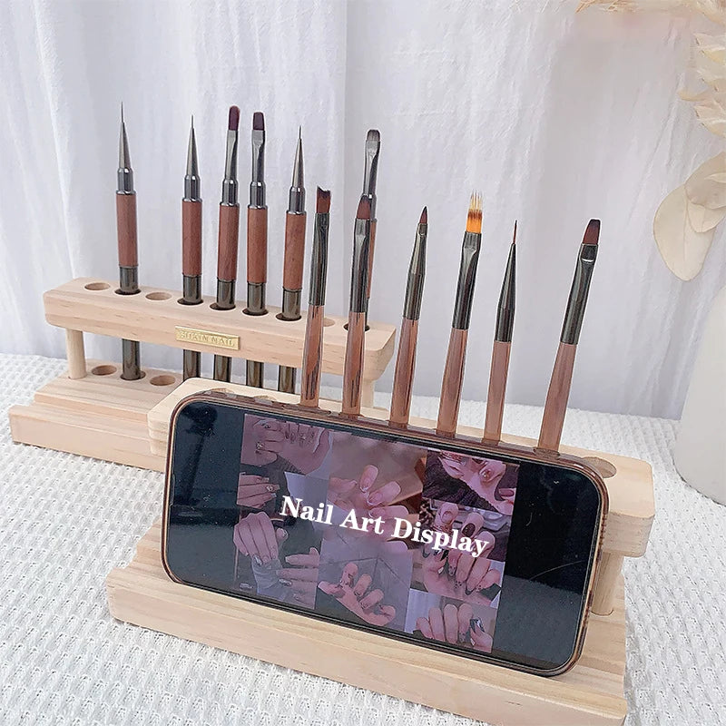 Wood Nail Art Pen Holder & Desk Organizer with Phone Stand