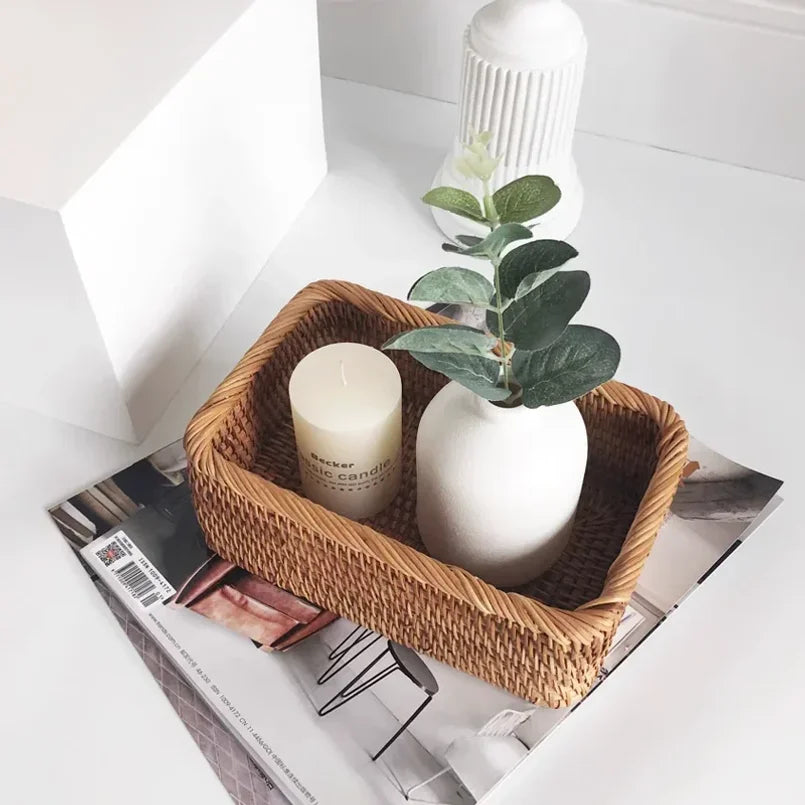 Hand-Woven Rattan Wicker Rectangular Storage Basket