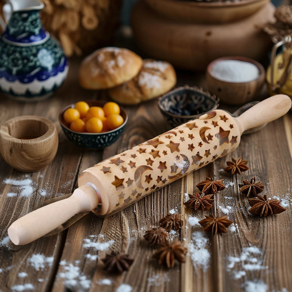 Moon & Star Embossed Wooden Rolling Pin – Ramadan Baking