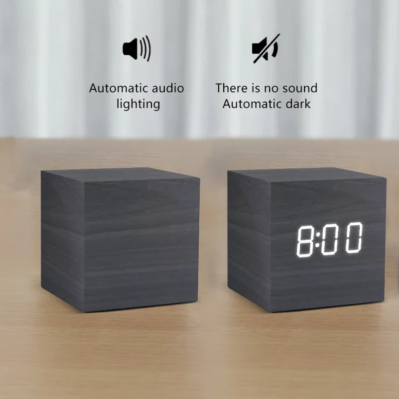 LED Digital Alarm Clock Wooden Style Voice Control USB/Battery
