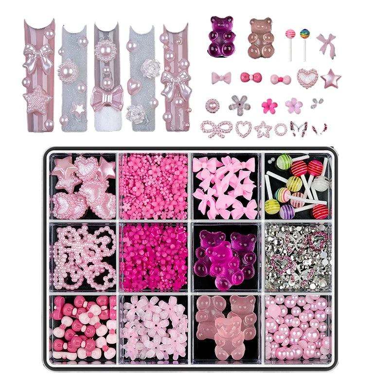 12-Grid 3D Resin Nail Art Charms – Bowknot Bear Heart Flower
