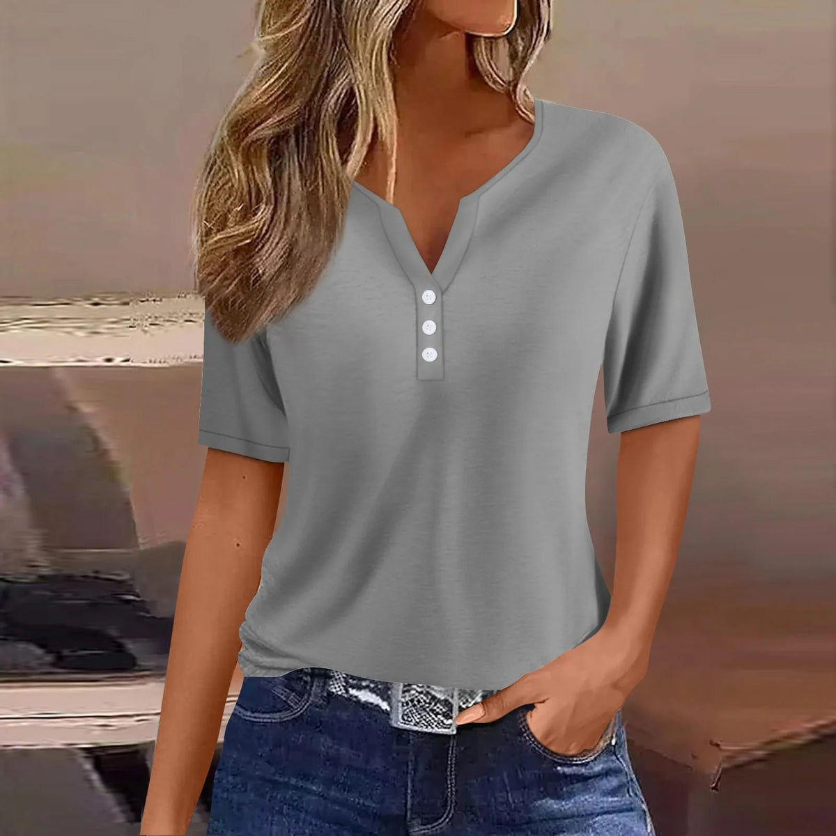 Women's V-Neck Button T-Shirt Loose Casual Top Plus Size S–XXXL