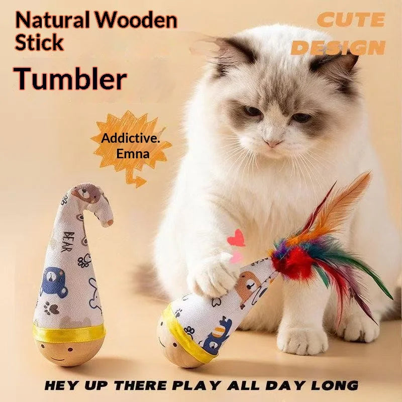 Beech Wood Wobble Cat Toy – Feather Tumbler for Kittens