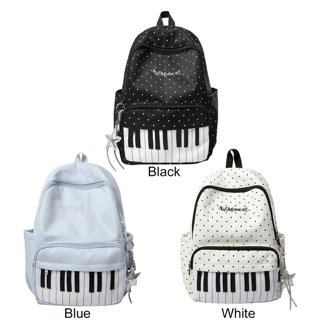 Women's Nylon Backpack Polka Dot Piano Key Design with Pendant