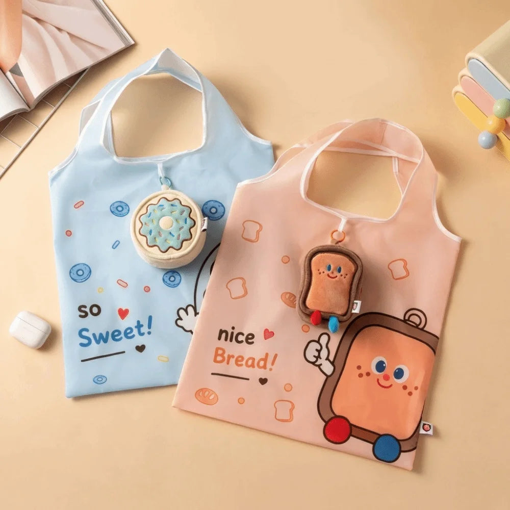 Foldable Cartoon Tote Bag with Pouch & Hanging Charm