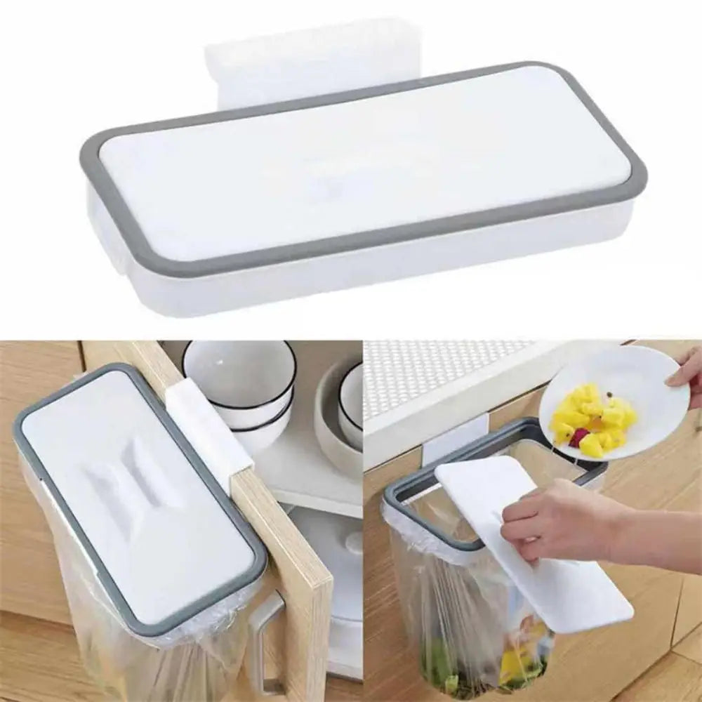 Hanging Trash Bag Holder with Lid – Cabinet Door Organizer