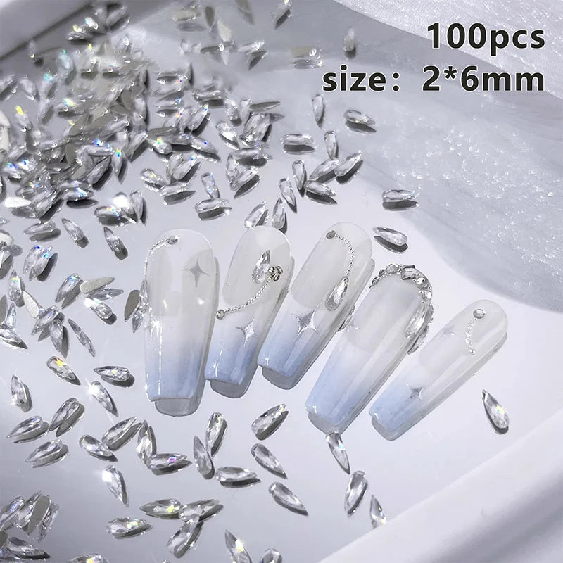 100Pcs Horse Eye Zircon Nail Rhinestones Clear 3D Flatback Gems