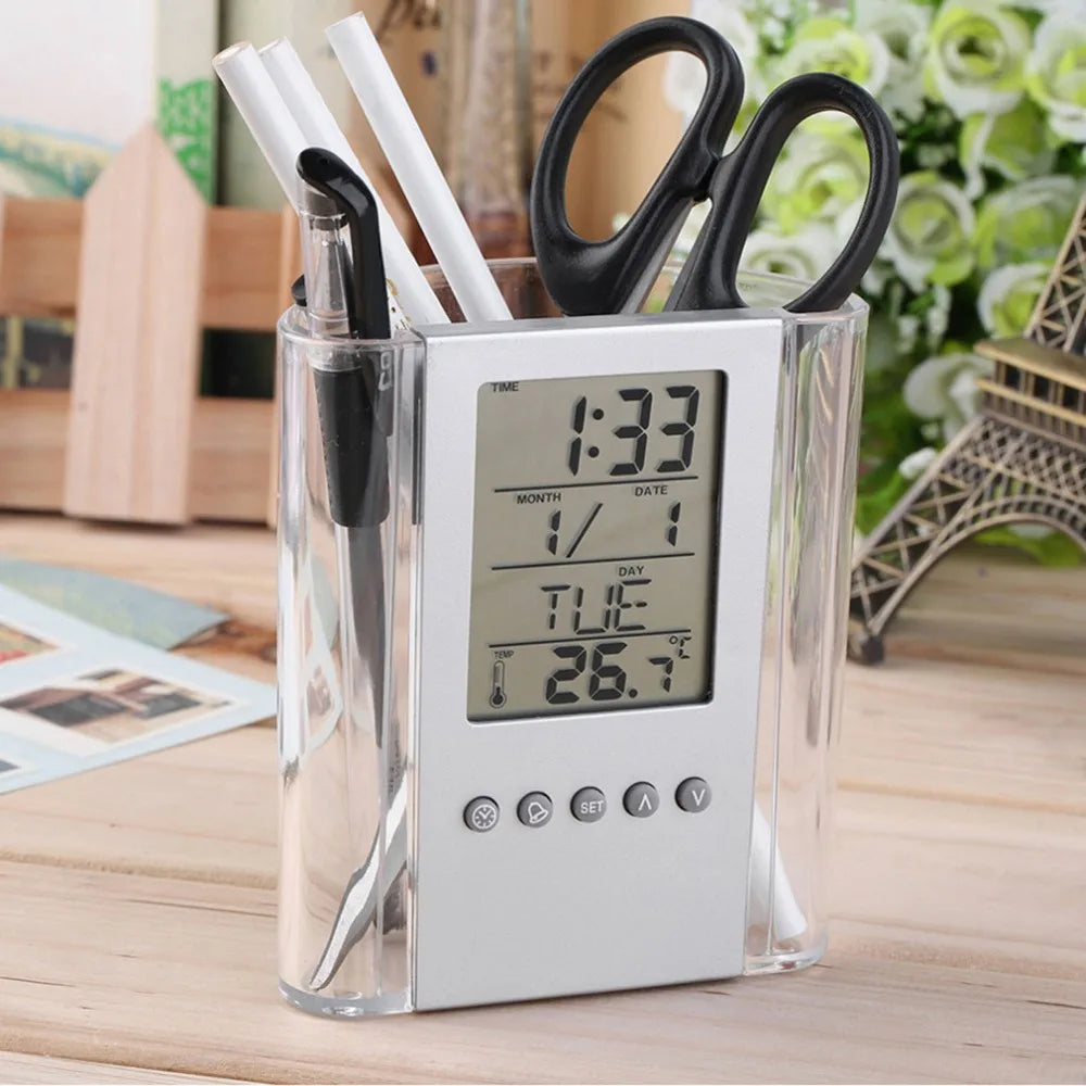 Digital Alarm Clock with Pen Holder, Temperature & Calendar
