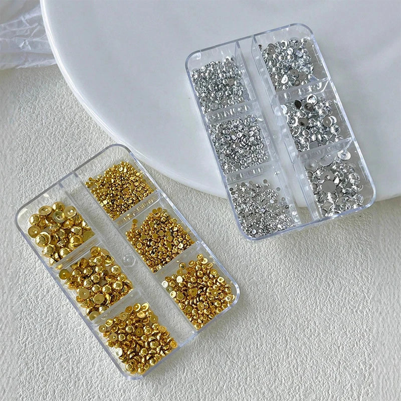 3D Gold & Silver Half Round Nail Art Studs – 6-Grid Box