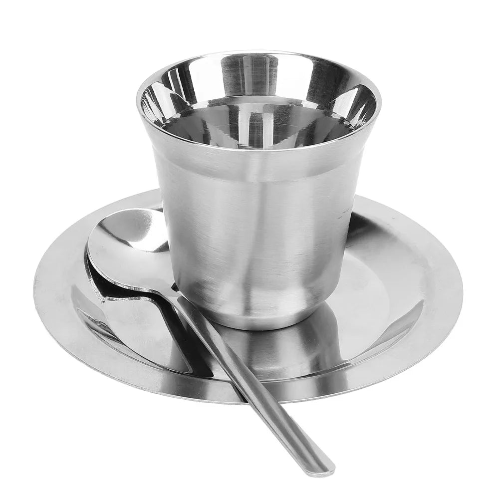 304 Stainless Steel Double Wall Coffee Cup Set 80ml | Saucer & Spoon
