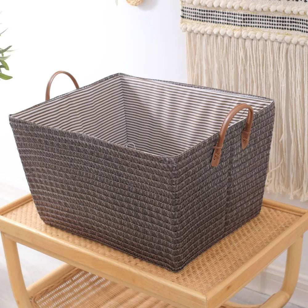 Foldable Straw Storage Box with Handles – Large Clothes Organizer