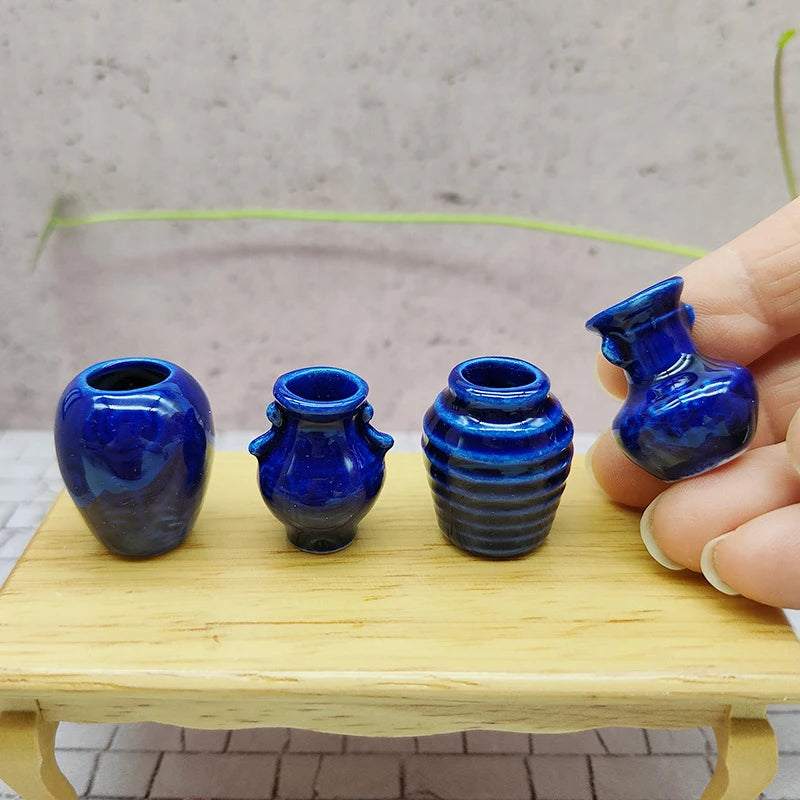 4Pcs 1:12 Dollhouse Mini Ceramic Blue Vase Jars Miniature Décor
