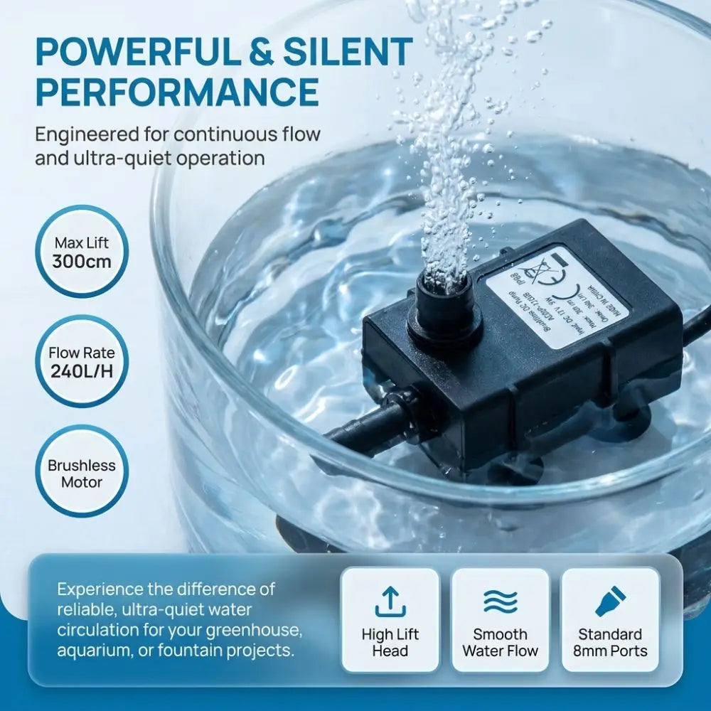 DC 12V Brushless Mini Submersible Pump – Quiet 240L/H