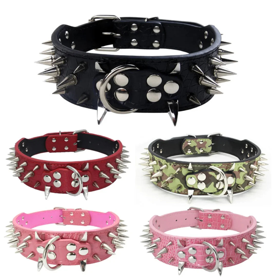 Spiked Studded Leather Dog Cat Collar – Adjustable Pet Necklace