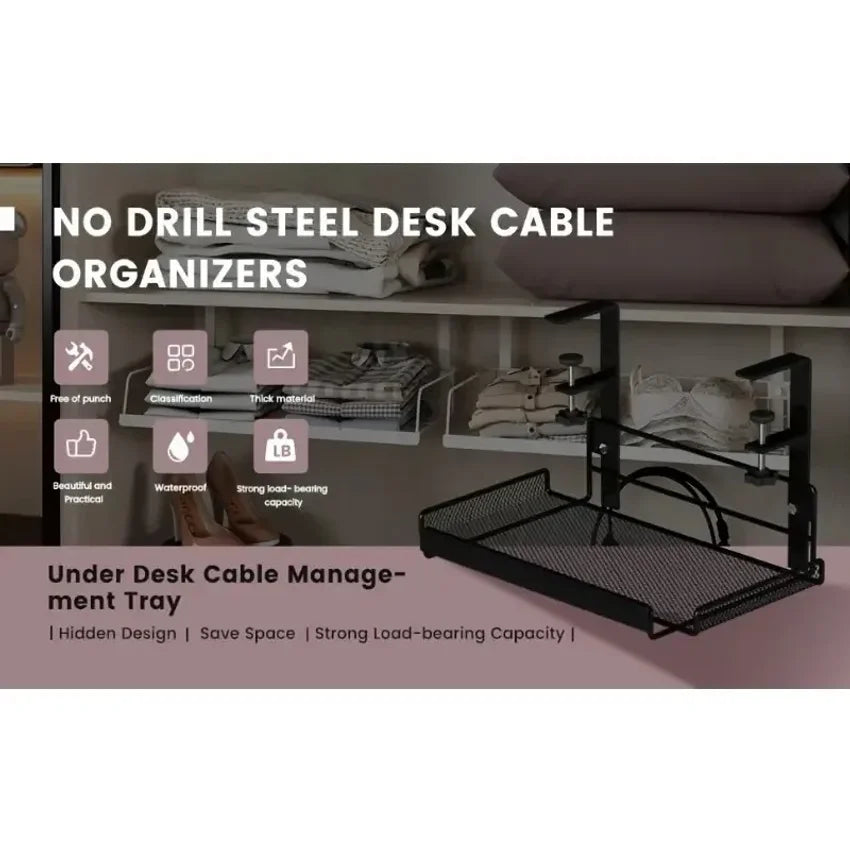 Under Desk Cable Management Tray & Storage Rack – Punch-Free