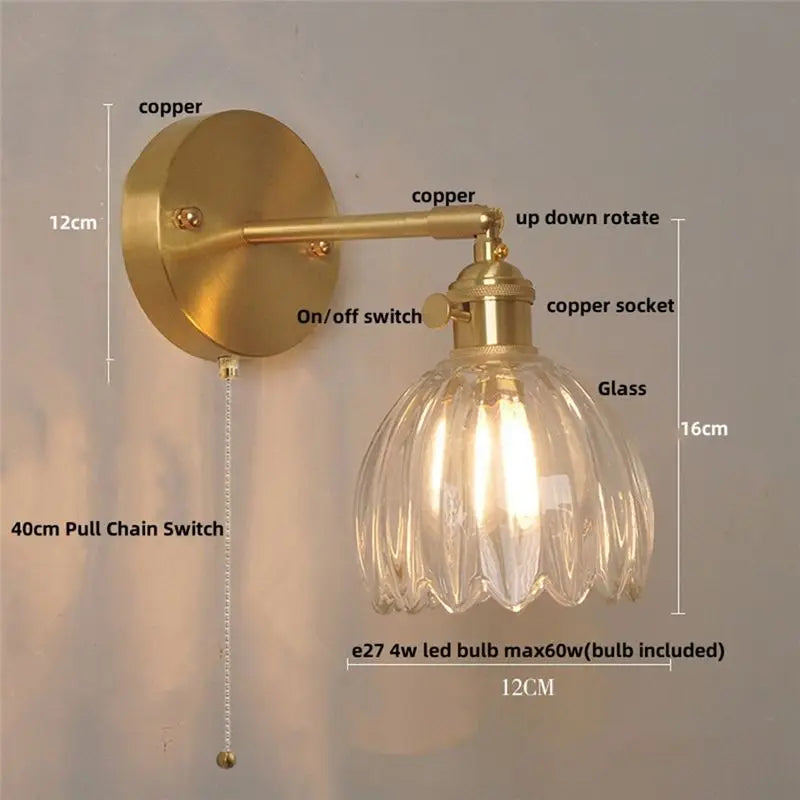 Vintage Amber Glass LED Wall Sconce with Pull Chain Switch