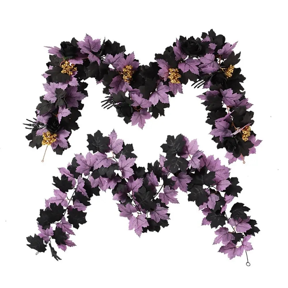 Halloween Maple Leaf Garland – Silk Faux Leaves & Gold Berries