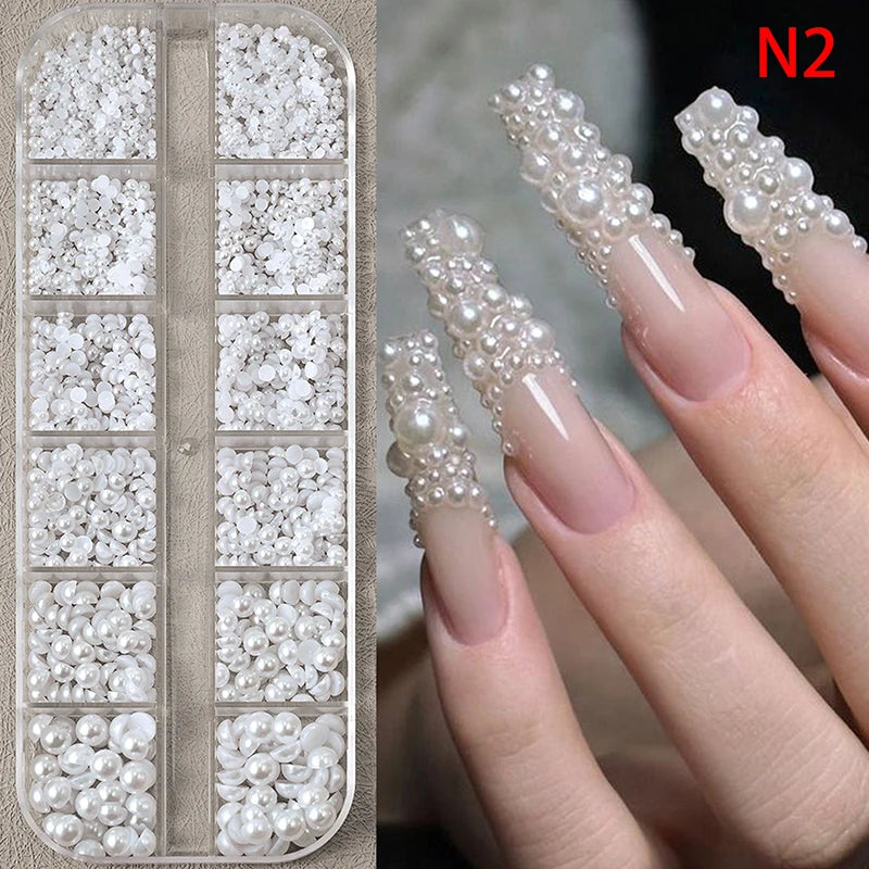 12-Grid 3D White Pearl Nail Charms – Mixed Beads Nail Art Set