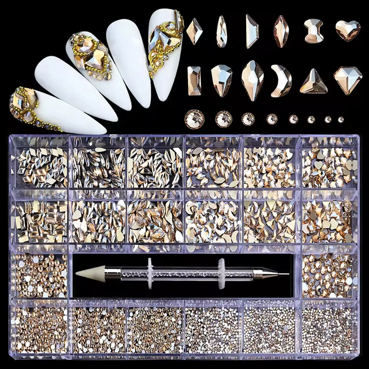 480pcs Nail Rhinestone Set – 21 Grid Mixed Diamond Gems