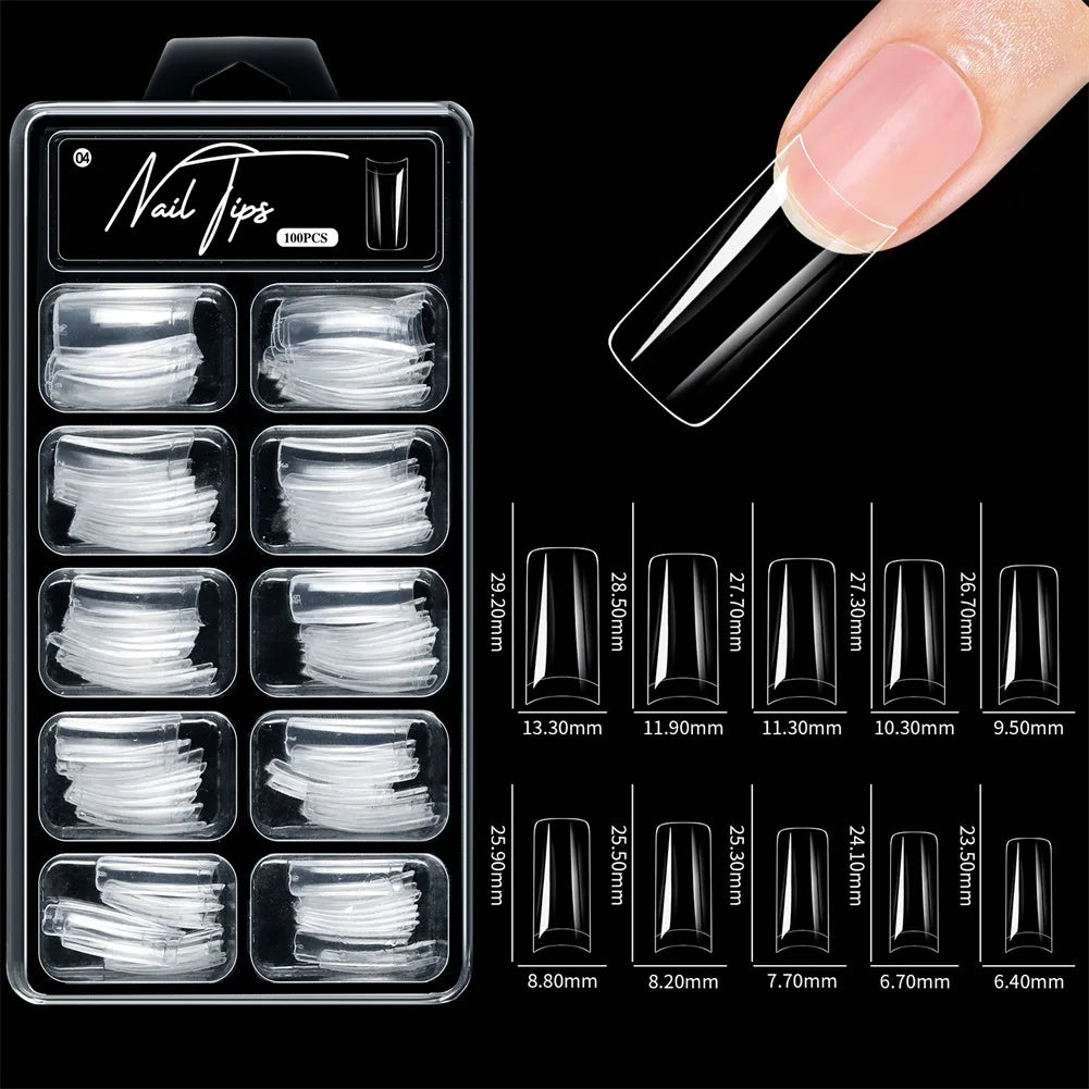 100pcs Clear Coffin Fake Nails Pre-Etched Full Cover Tips
