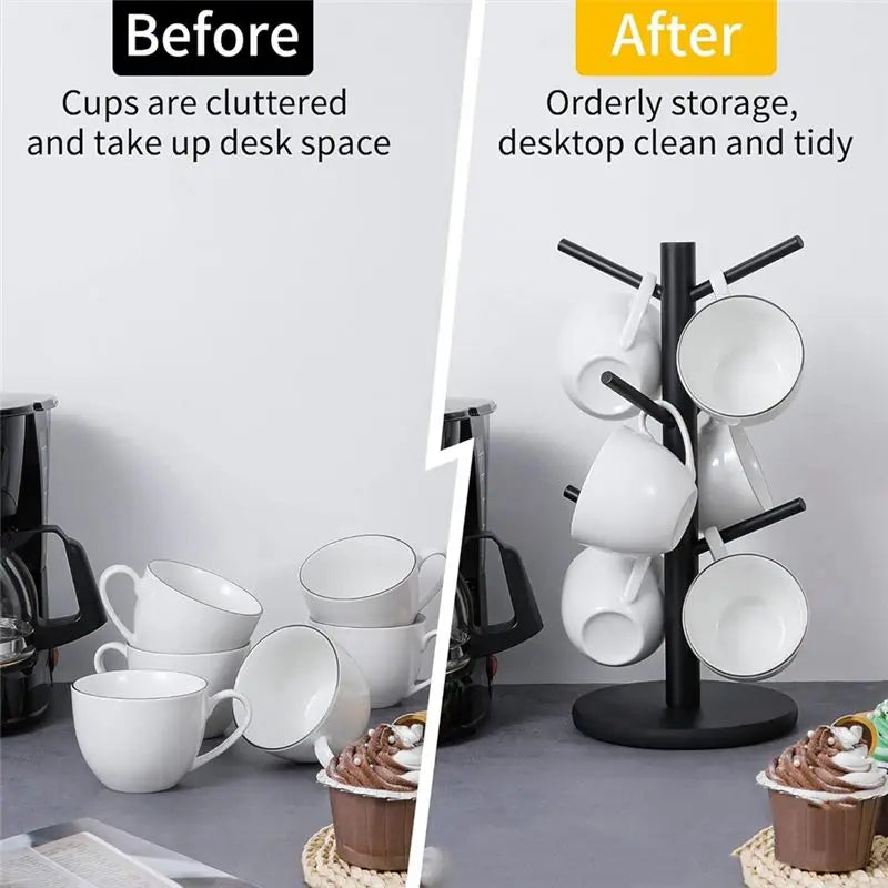 Bamboo Coffee Mug Tree 6 Hooks – Black Countertop Cup Holder