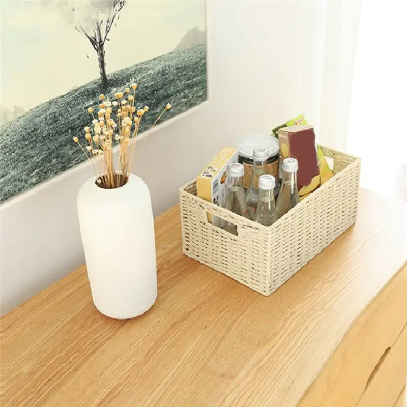 Woven Paper Rope Storage Basket with Built-In Handle
