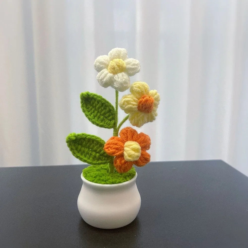 Mini Handwoven Crochet Rose Flower Pot – Decorative Gift