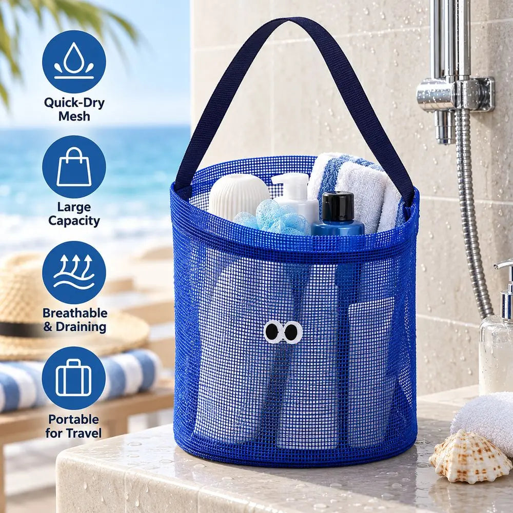 Foldable Mesh Beach Bucket Bag – Shell Collecting Tote with Strap