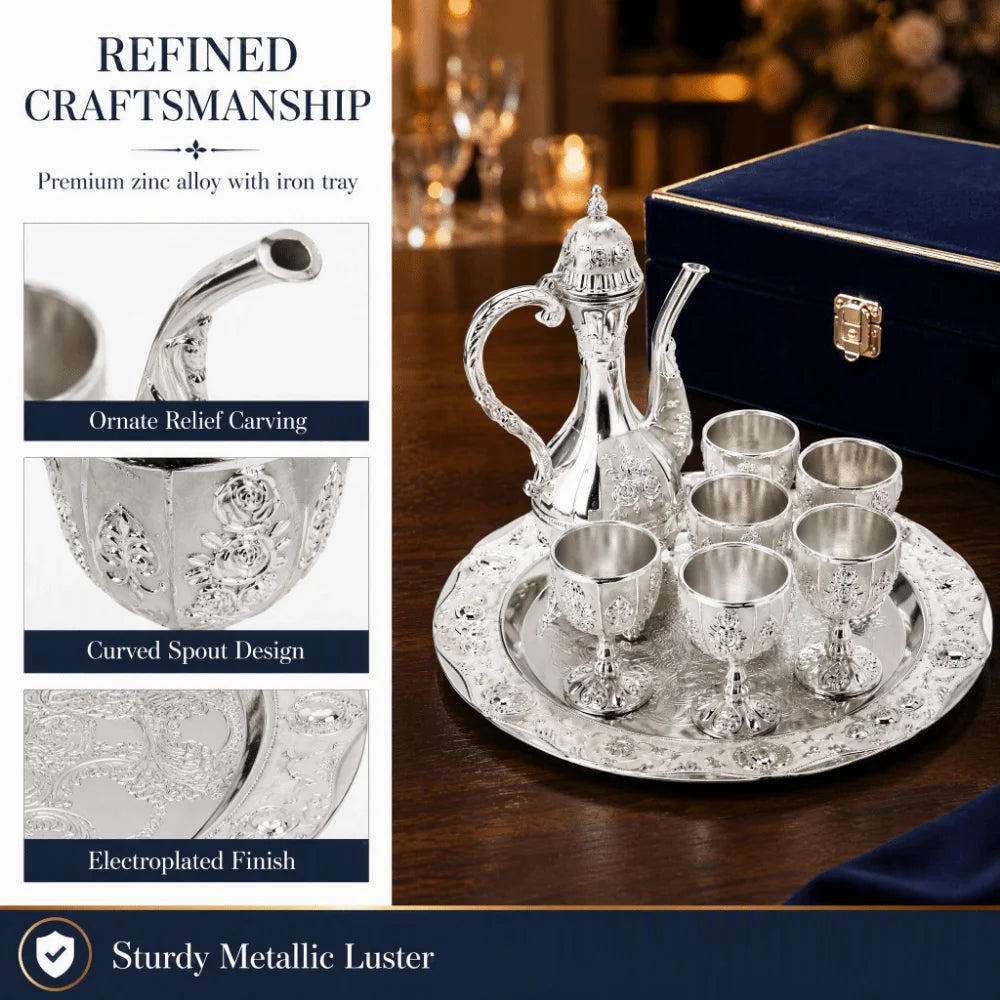 8-Pc Vintage Embossed Alloy Drinkware Set with Iron Tray
