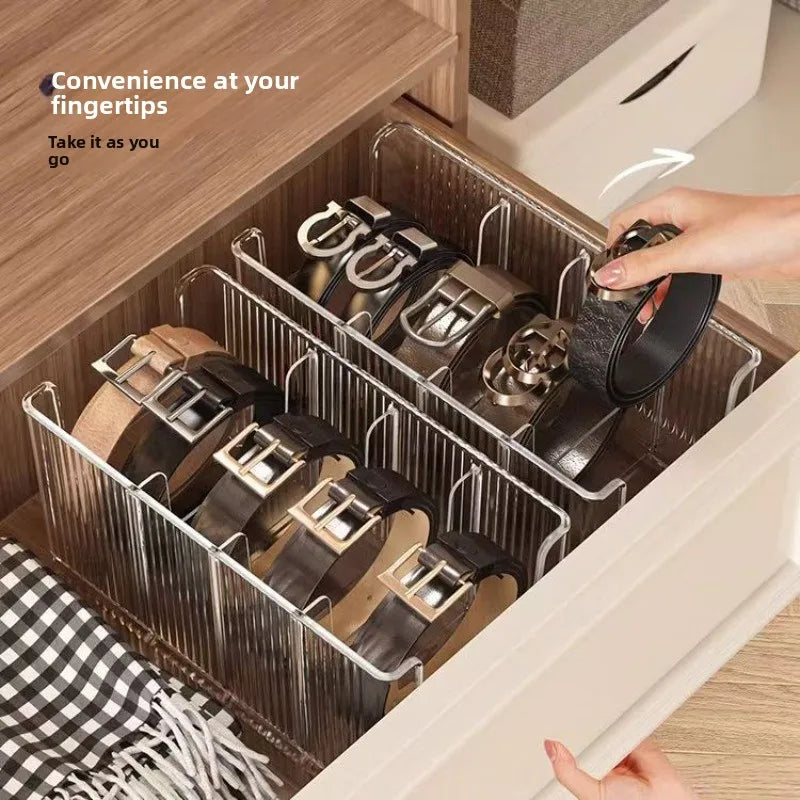 Transparent Belt & Tie Storage Box – 4-Compartment Organizer