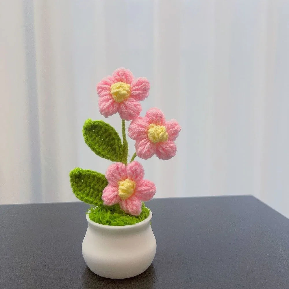Mini Handwoven Crochet Rose Flower Pot – Decorative Gift
