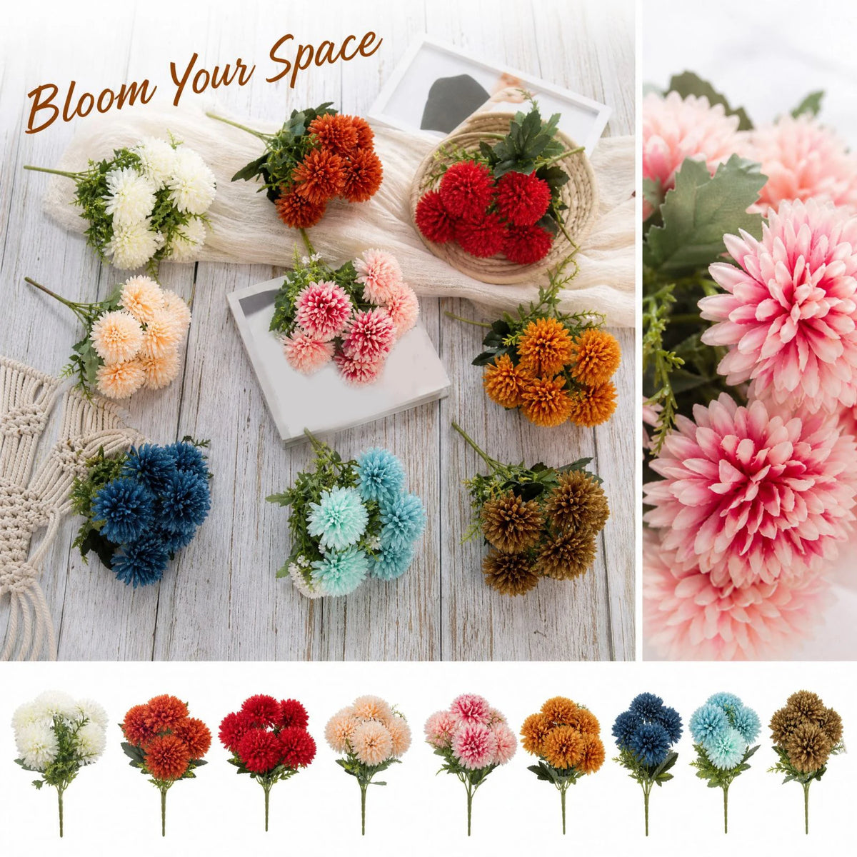 Artificial Silk Chrysanthemum Pompom Bunches – 3-Pack Fall Decor