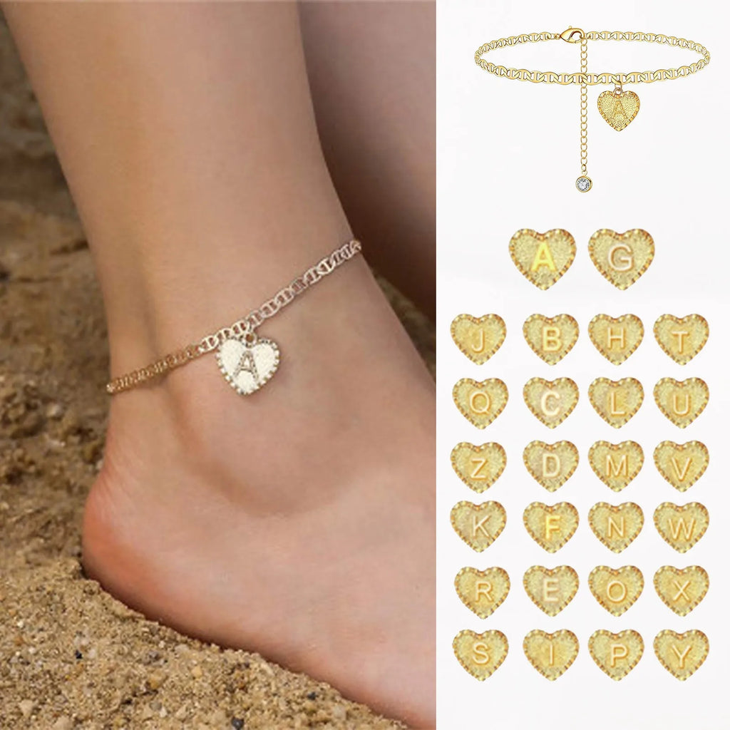 Gold Initial Anklet – Adjustable Heart Letter Charm Bracelet