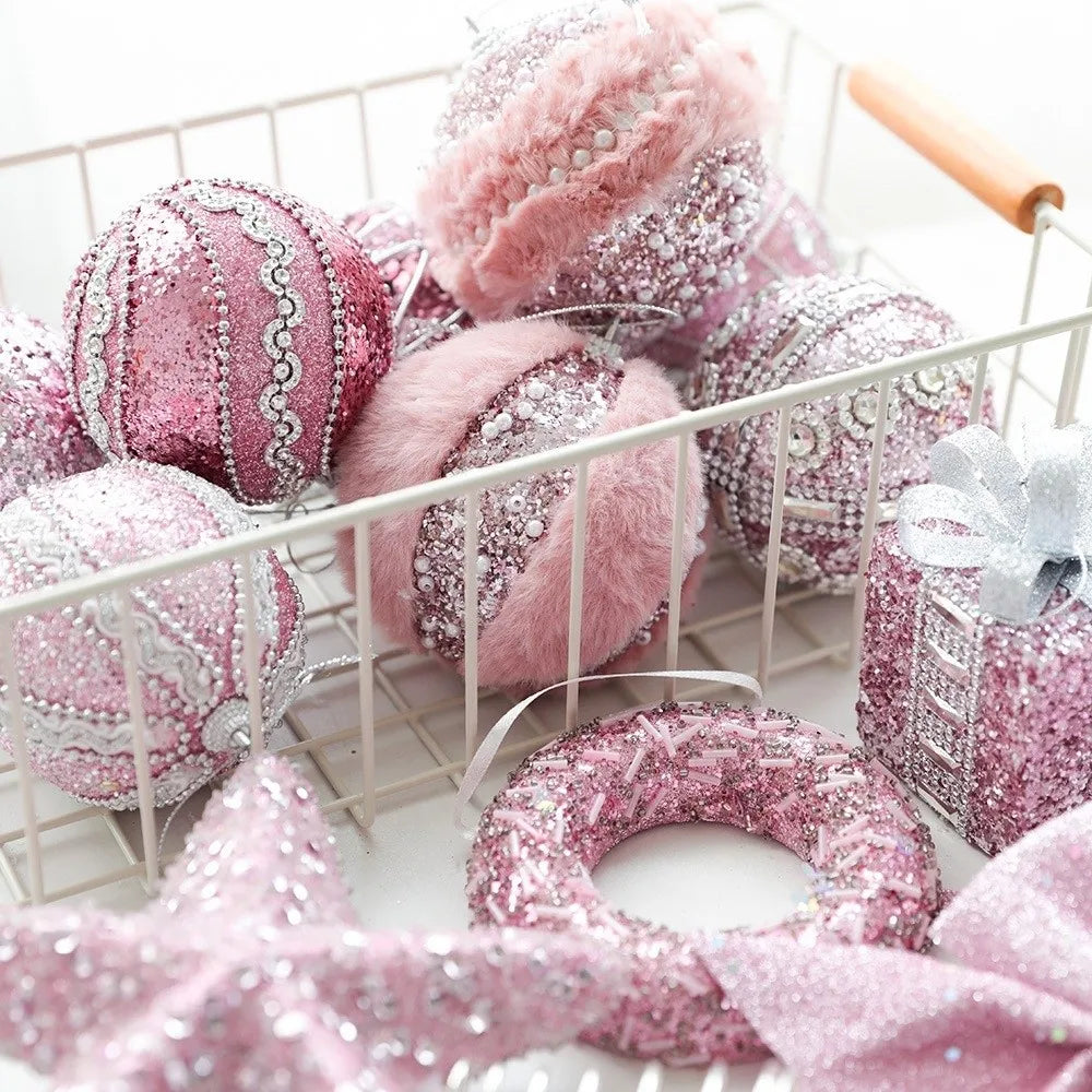 Pink Christmas Tree Ornaments – Foam Balls, Bows & Star Topper