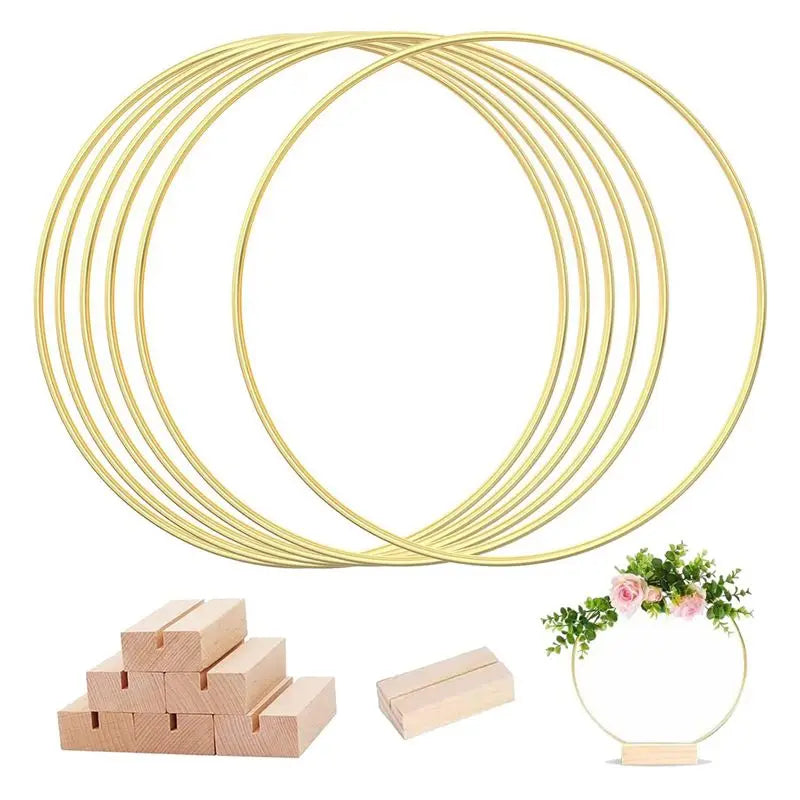 12" Gold Metal Floral Hoop Centerpiece Set – 18 Rings + Wood Stands