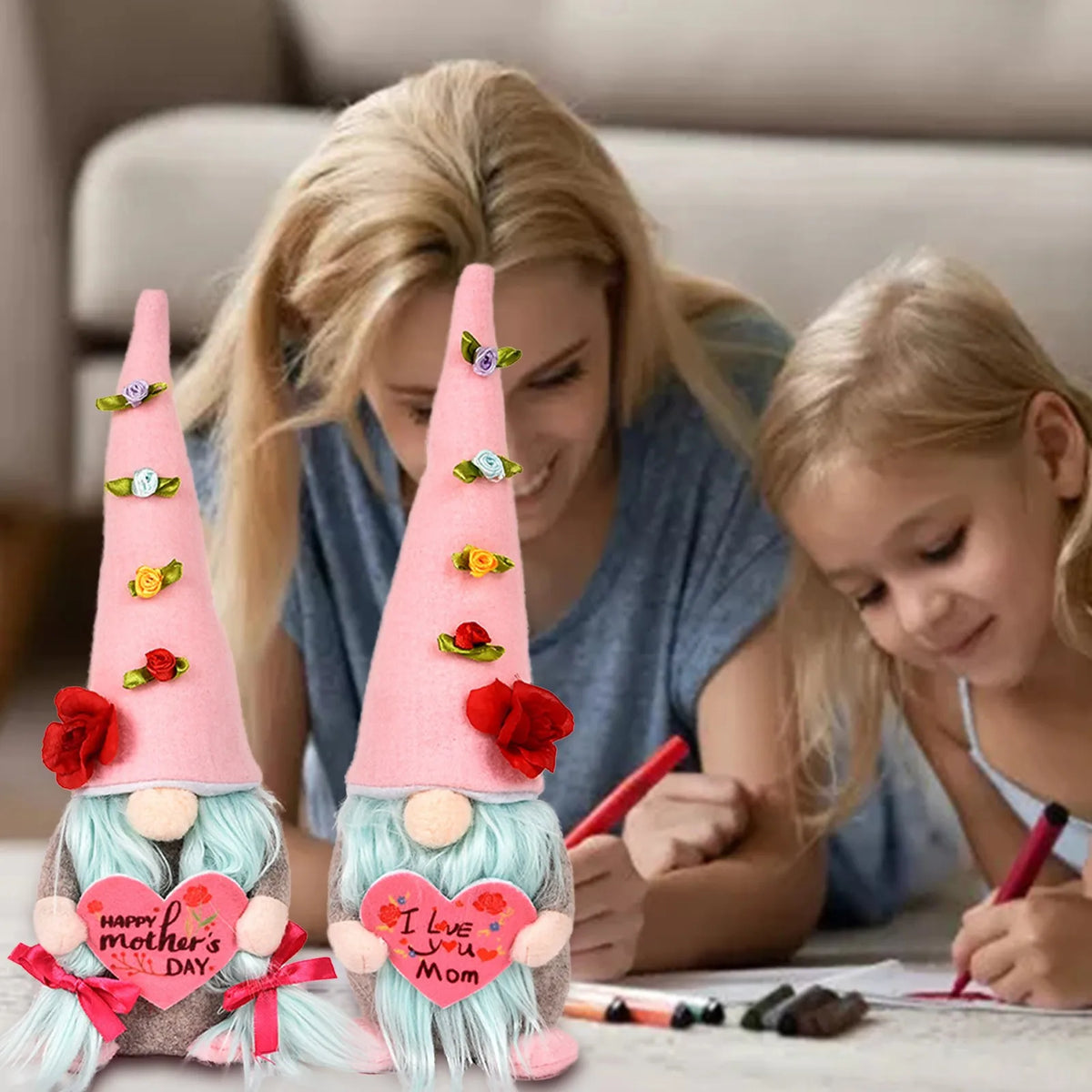 Handmade Gnome Figurine Set – Pink Rose Mother's Day Ornament