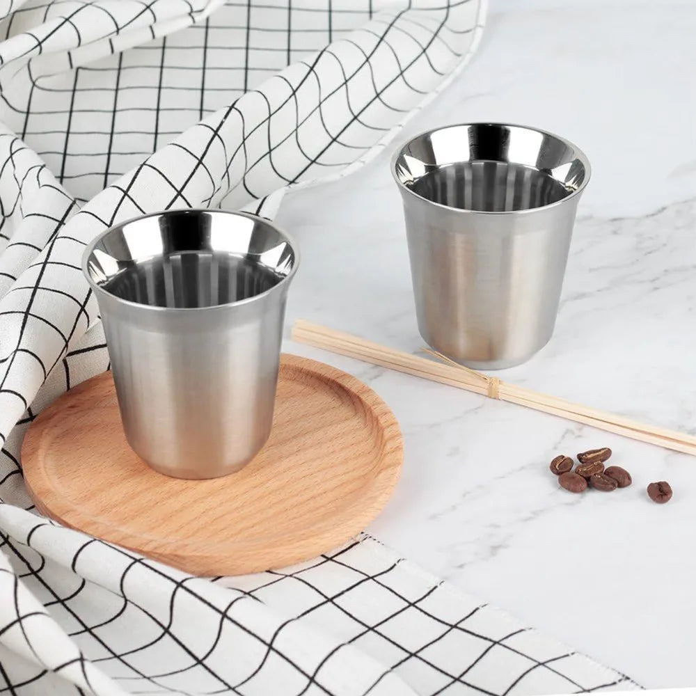 304 Stainless Steel Double Wall Coffee Cup Set 80ml | Saucer & Spoon