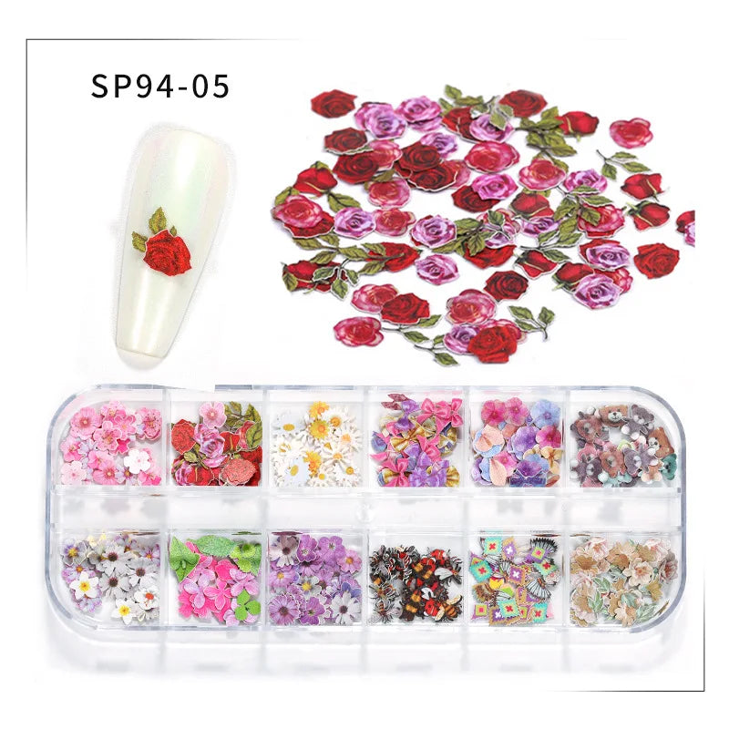 12-Grid Autumn Leaf Nail Sequins & Floral Charm Decoration Set
