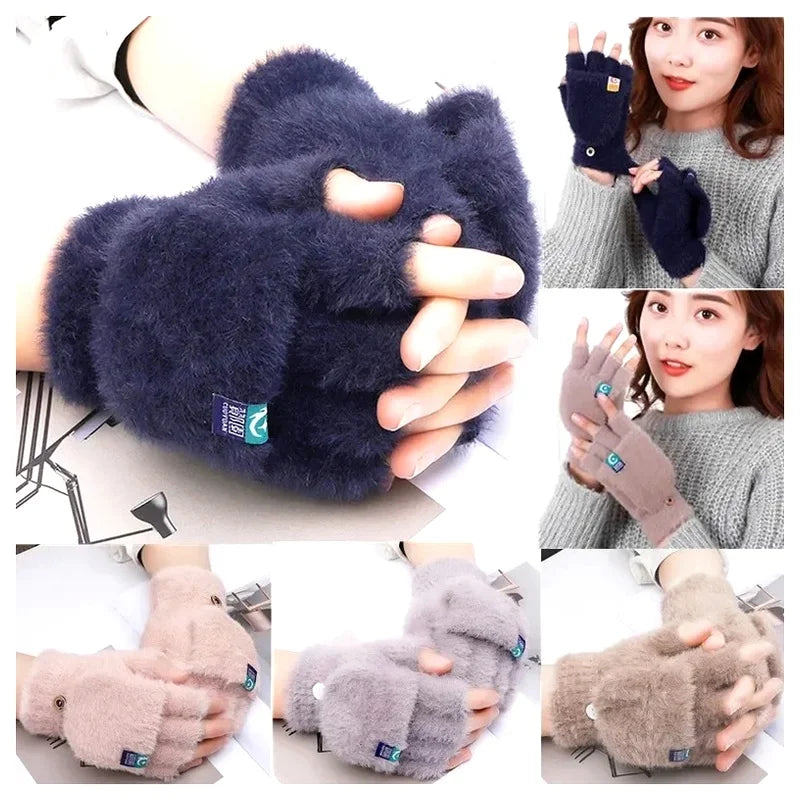 Plush Fingerless Flip Mittens – Warm Knit Winter Gloves