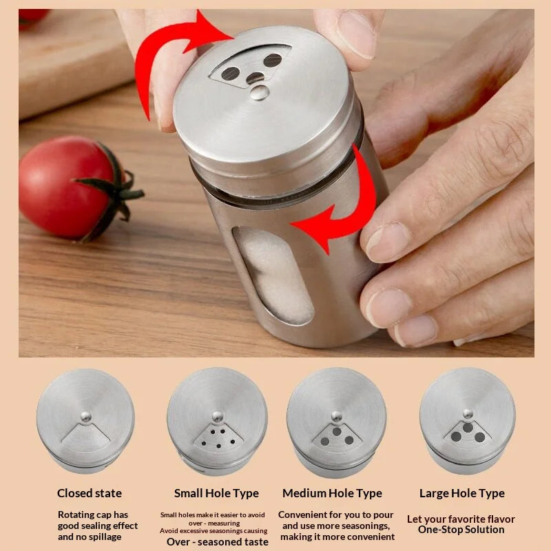Stainless Steel Glass Spice Shaker – Rotating Salt & Pepper Jar