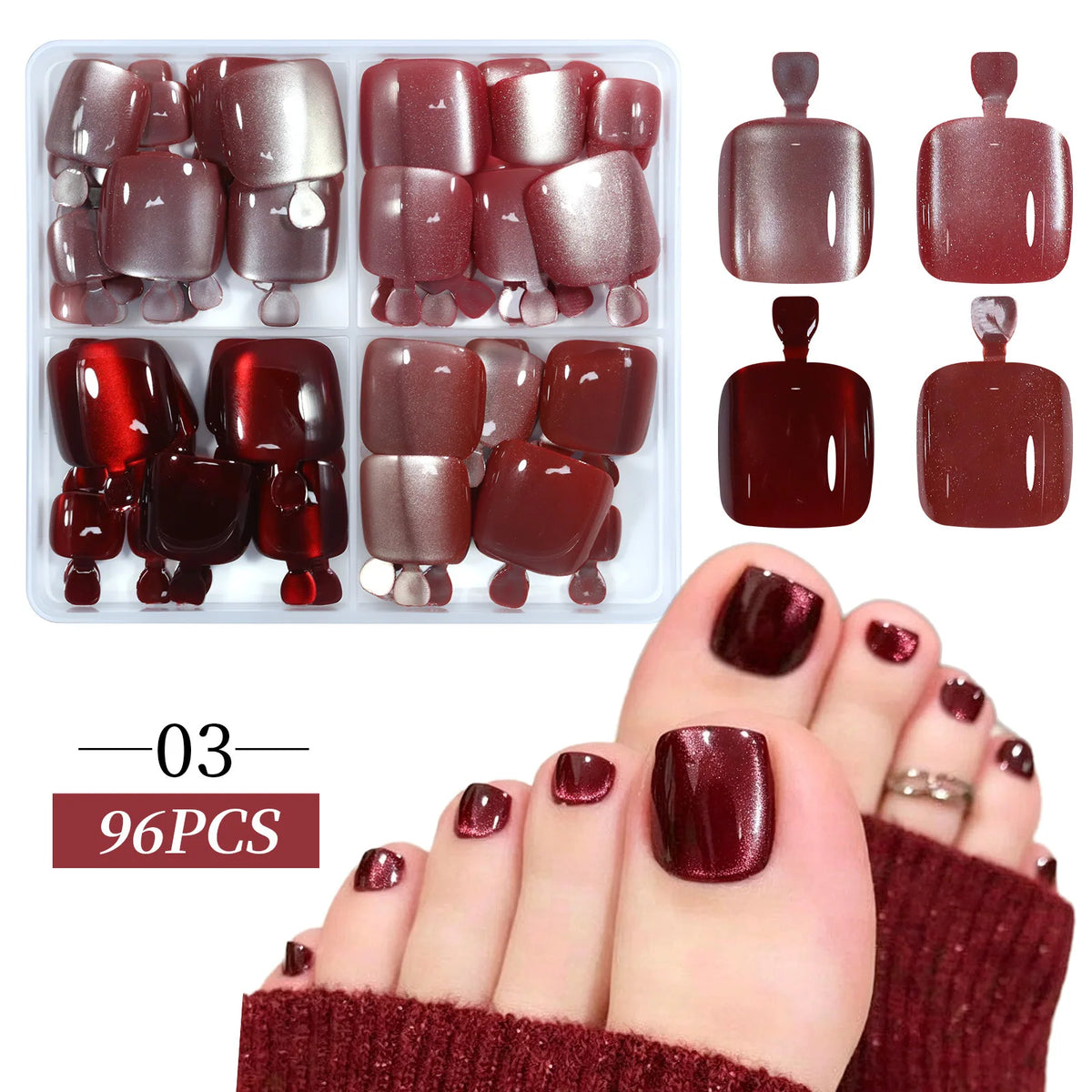 96Pcs Press On Toenails Cat Eye French Glitter Full Cover Tips