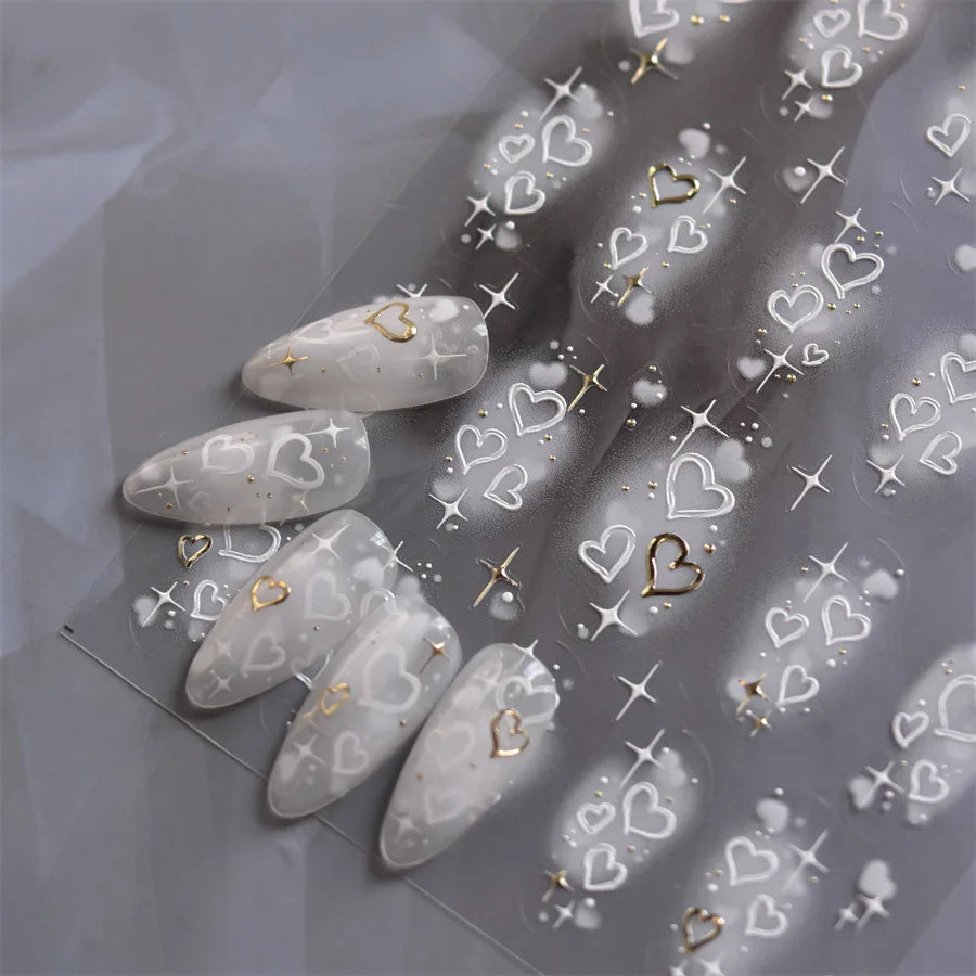 5D Relief Nail Art Stickers – Gold Silver Heart Decals