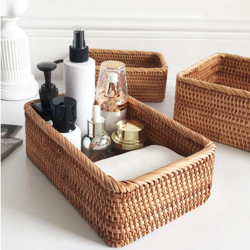 Hand-Woven Rattan Wicker Rectangular Storage Basket