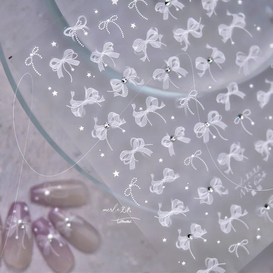 5D Lace Bow Nail Art Stickers – Pearl Rhinestone Decals