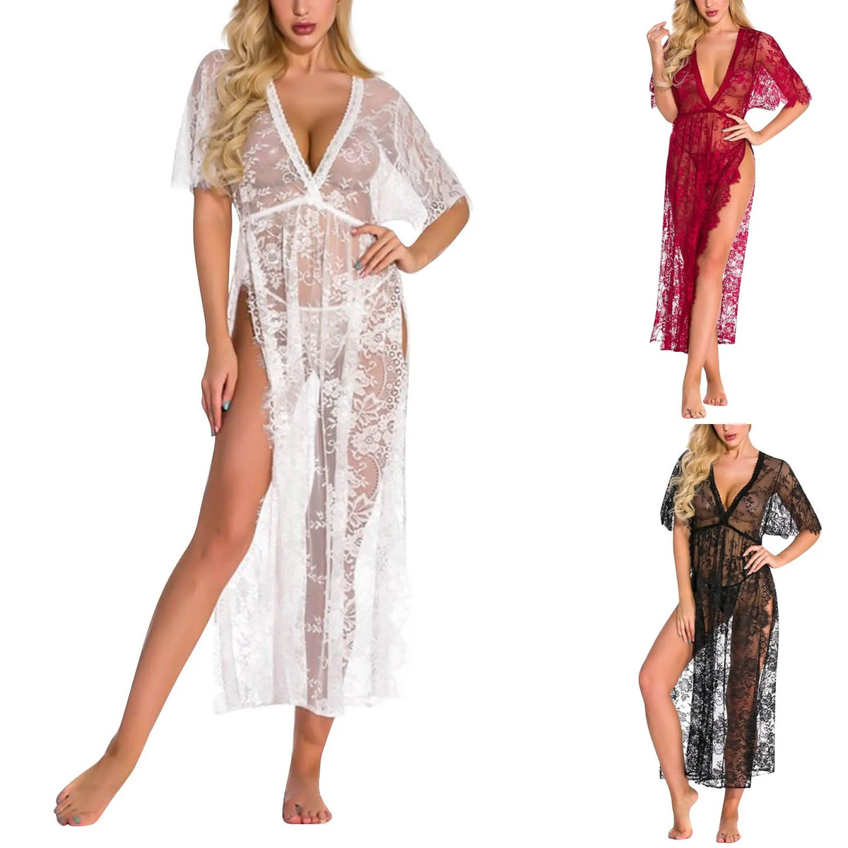 Women's Lace Nightgown & Briefs Set – Deep V Sheer Sleep Dress
