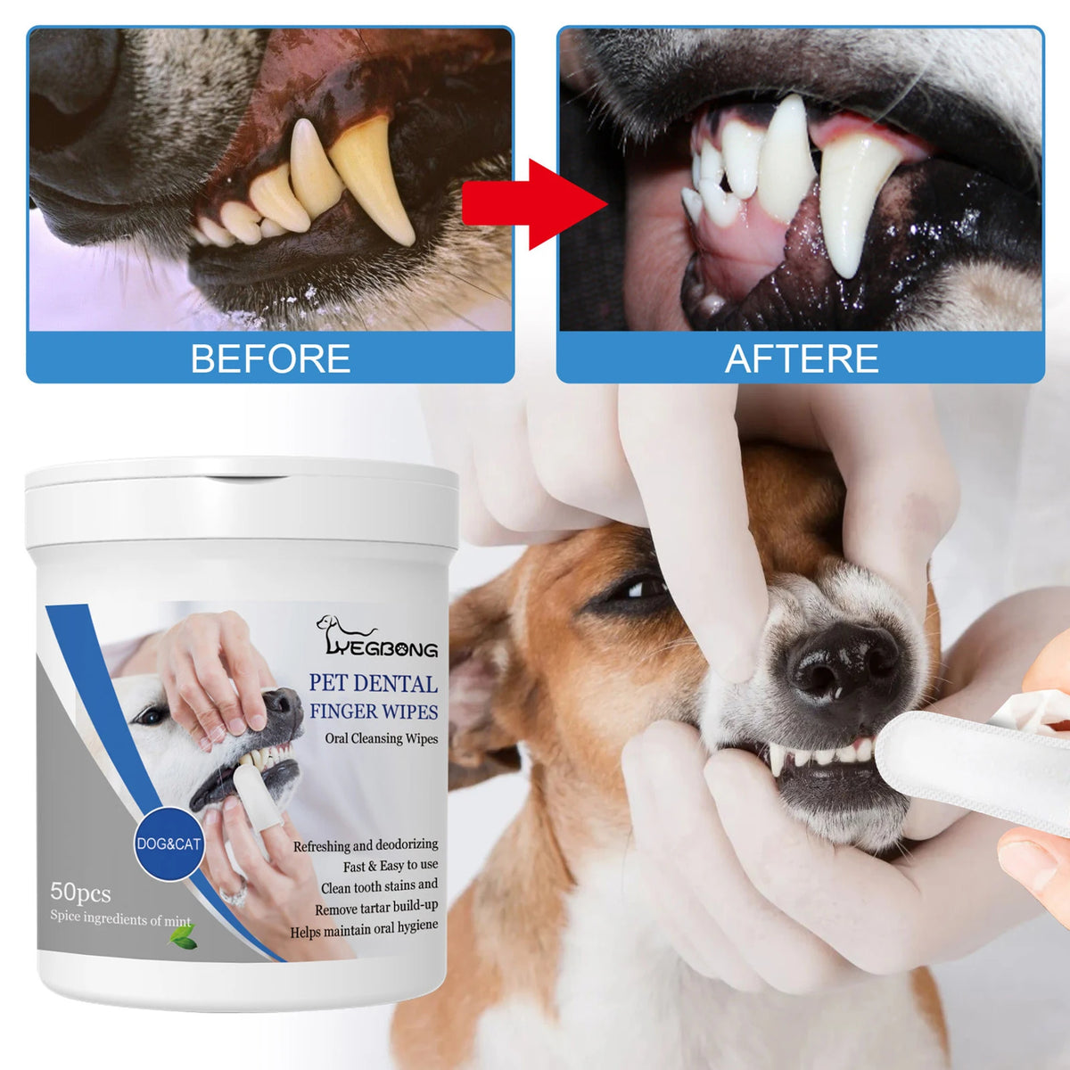 Pet Dental Finger Wipes for Dogs & Cats – 50 Pcs Oral Care