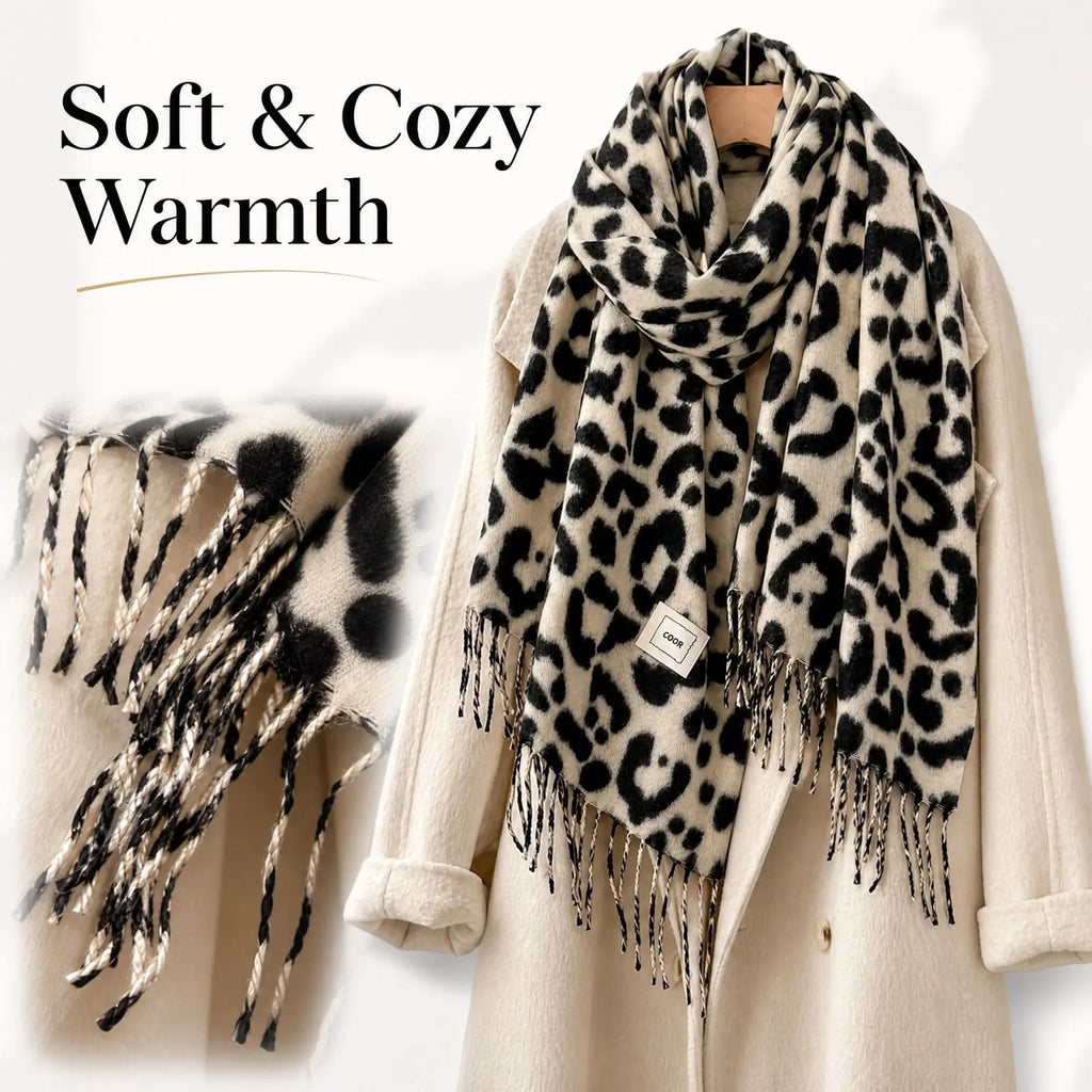 Women's Leopard Print Winter Scarf Shawl with Tassels