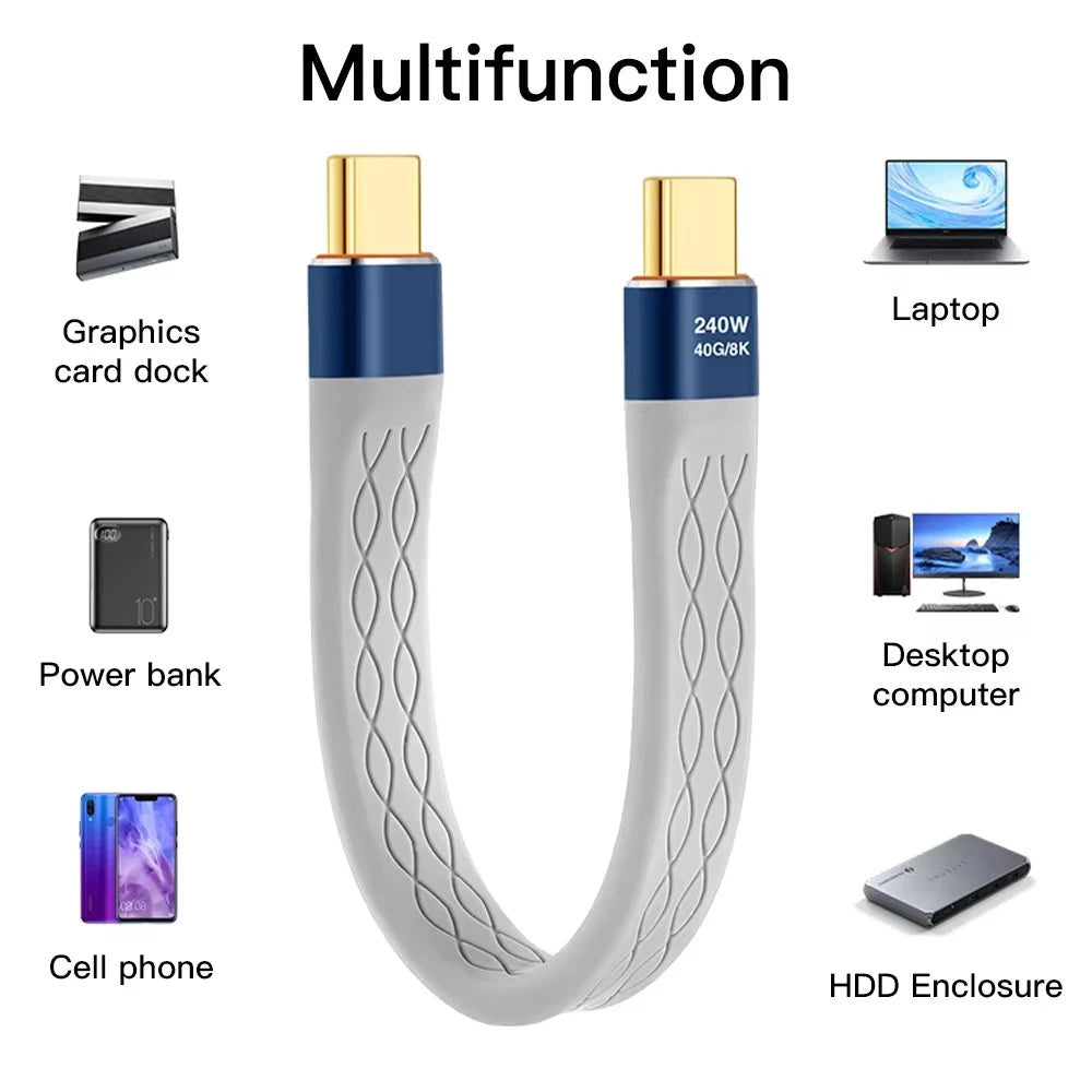 USB-C to USB-C 240W Fast Charging Cable 40Gbps 8K Flat Short